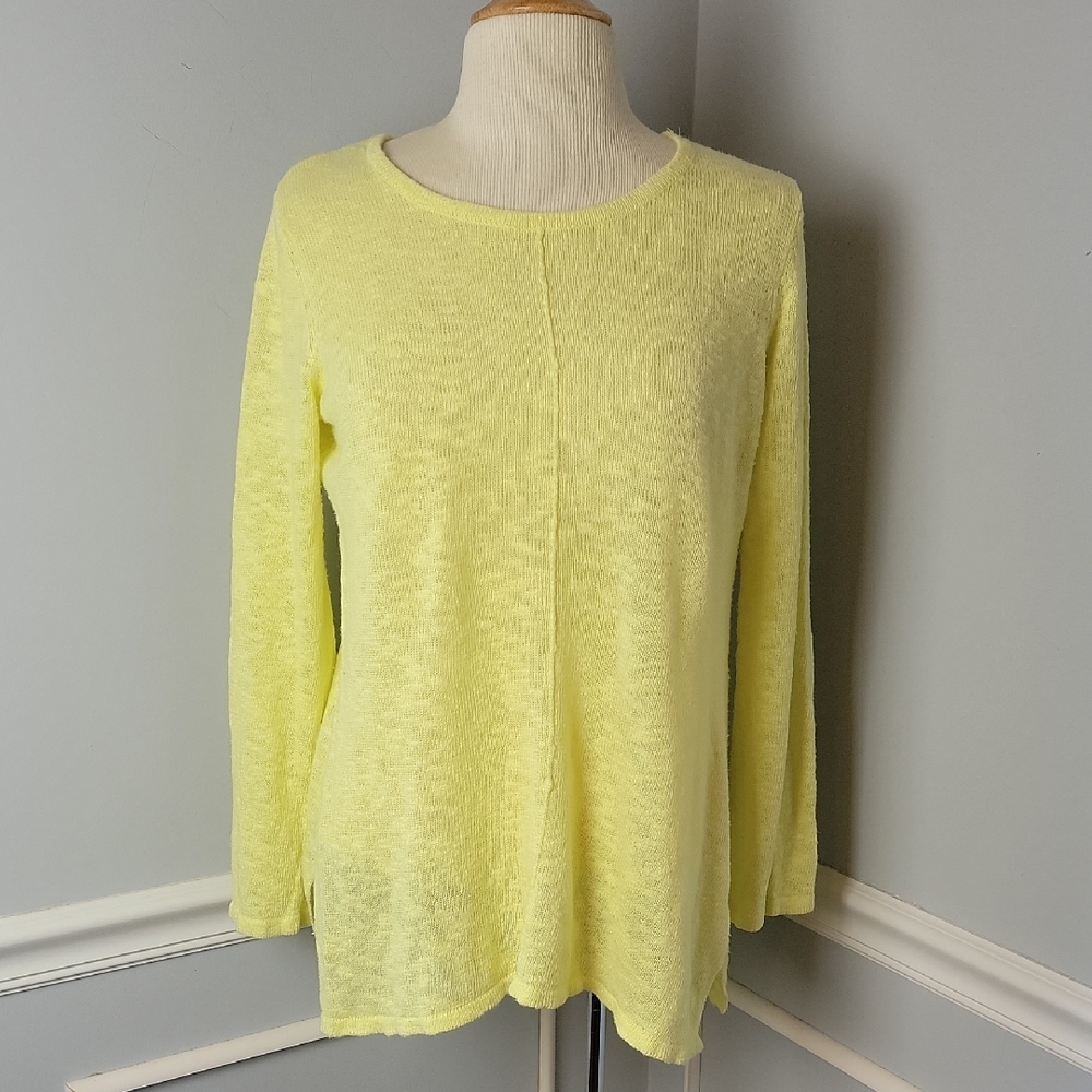PROJECT Neon Yellow Green Gauze Linen Blend Boho Scoop Neck Summer Sweater L‎